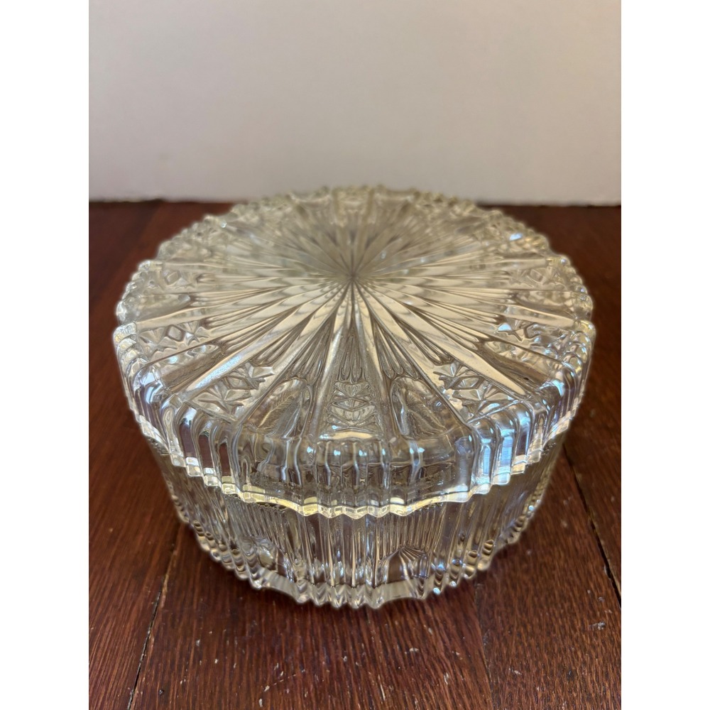Vintage Round Clear Pressed Glass 3 Section Divided Trinket Box with Lid 5.5in